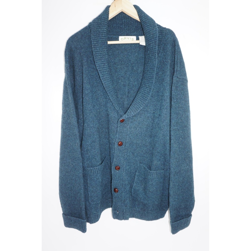 Orvis Cardigan Sweater Mens XL Blue Wool Blend Shawl Collar Knit‎ Button Pockets